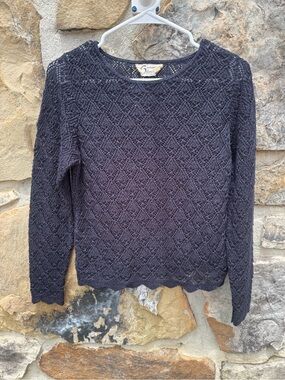 Vintage Savion Black Open-Knit Crew Neck Crochet Sweater Small Cropped Coastal
